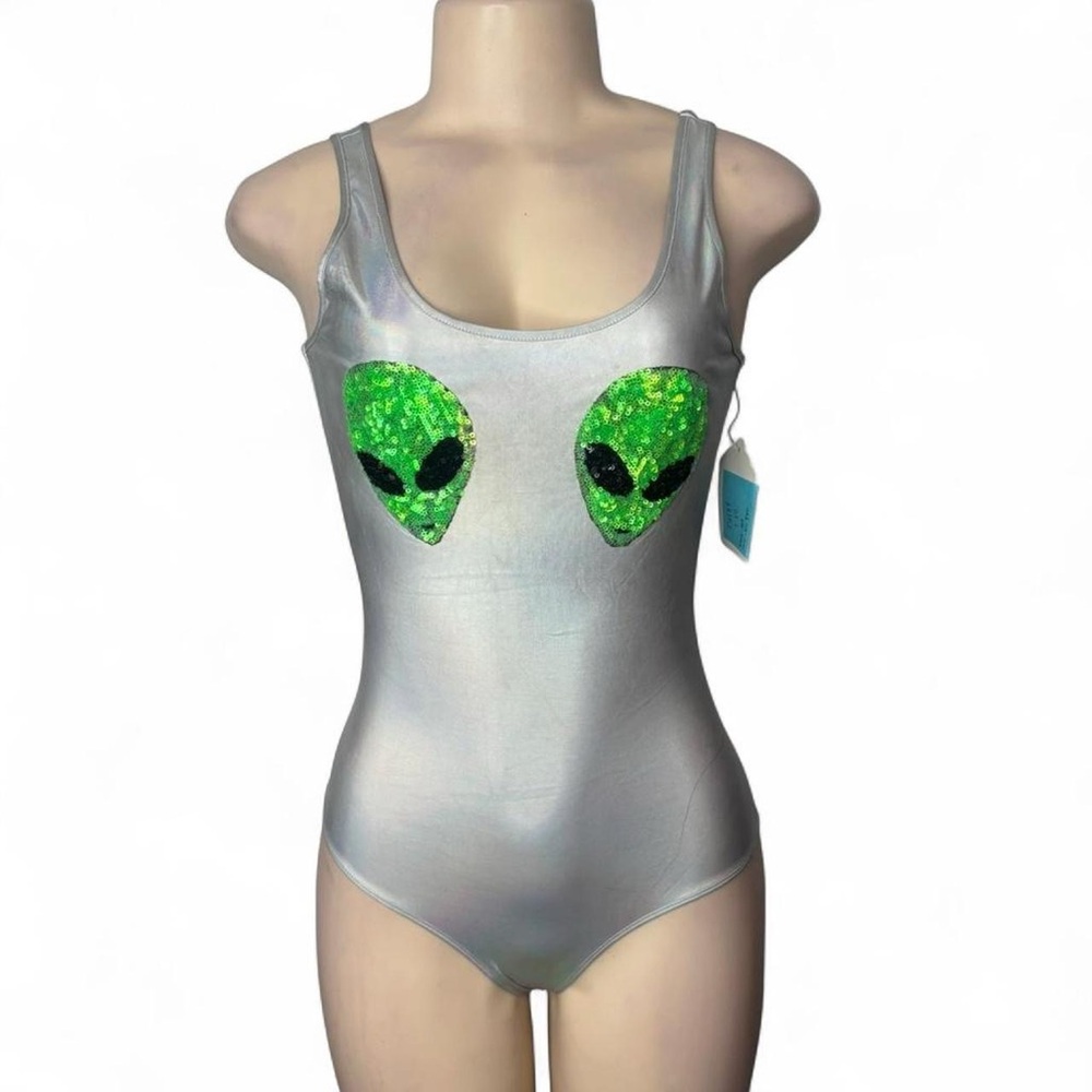 Bear Dance Silver Bodysuit with Green Sequin Alien Appliqués